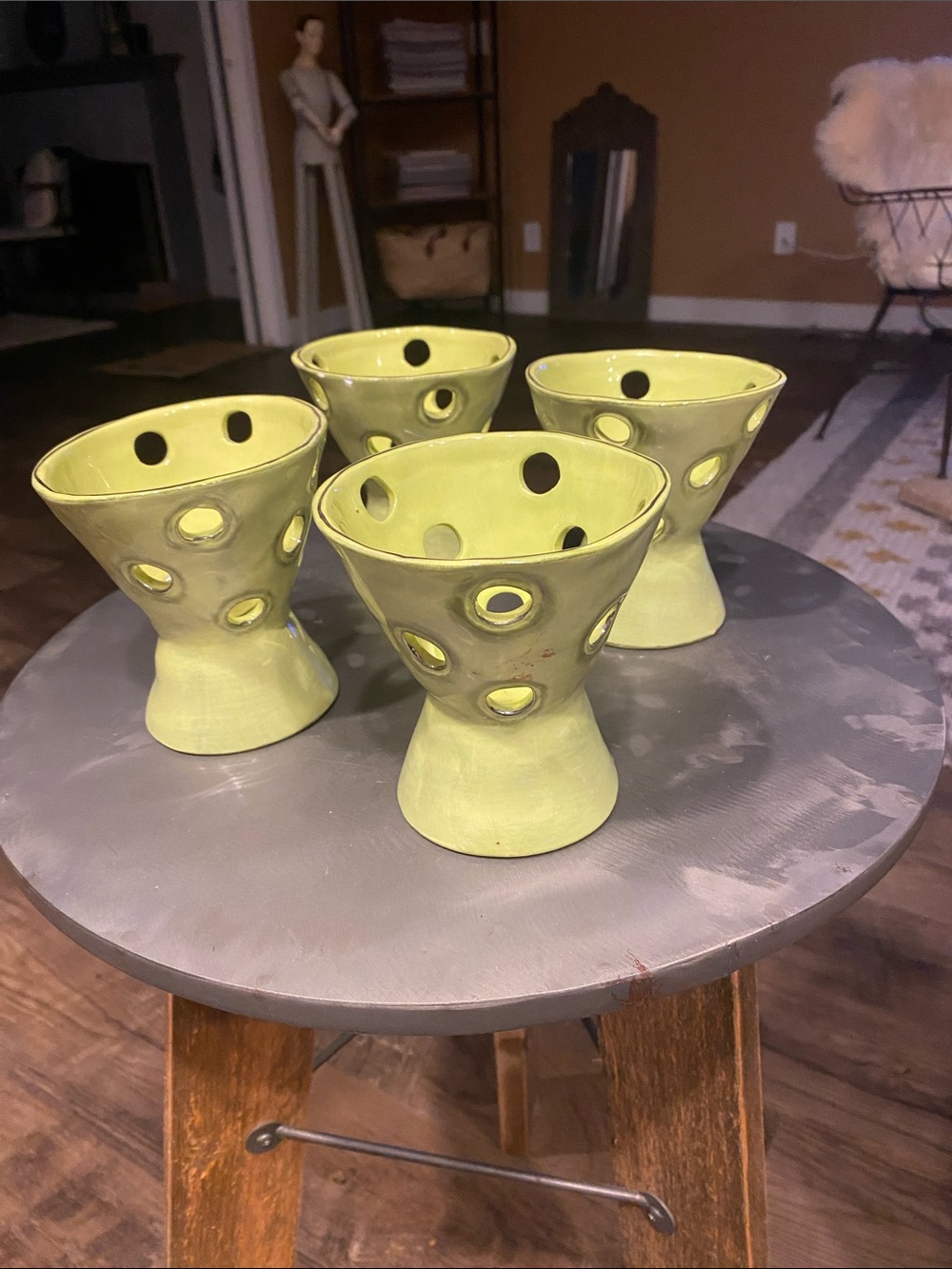 Lime Green Ceramic Hole-Punched candle votives Fun for holiday -studio B FUN!